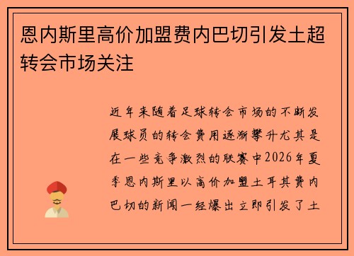 恩内斯里高价加盟费内巴切引发土超转会市场关注 恩内斯里高价加盟费内巴切引发土超转会市场关注