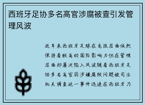 西班牙足协多名高官涉腐被查引发管理风波 西班牙足协多名高官涉腐被查引发管理风波